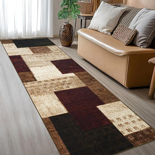 Modern Geometric Patchwork Indoor Runner Rug for Living Room, Red 2'x 6' Rug Rockwood Collection Hardwood Floors Decor for Bedroom, Burgundy Throw Carpet for Office Entryway Dining Room