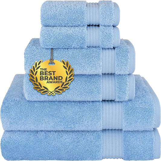 Cotton Paradise 6 Piece Towel Set 100% Cotton Soft Absorbent Turkish Towels for Bathroom, 2 Bath Towels 2 Hand Towels 2 Washcloths, Sky Blue Towel Set