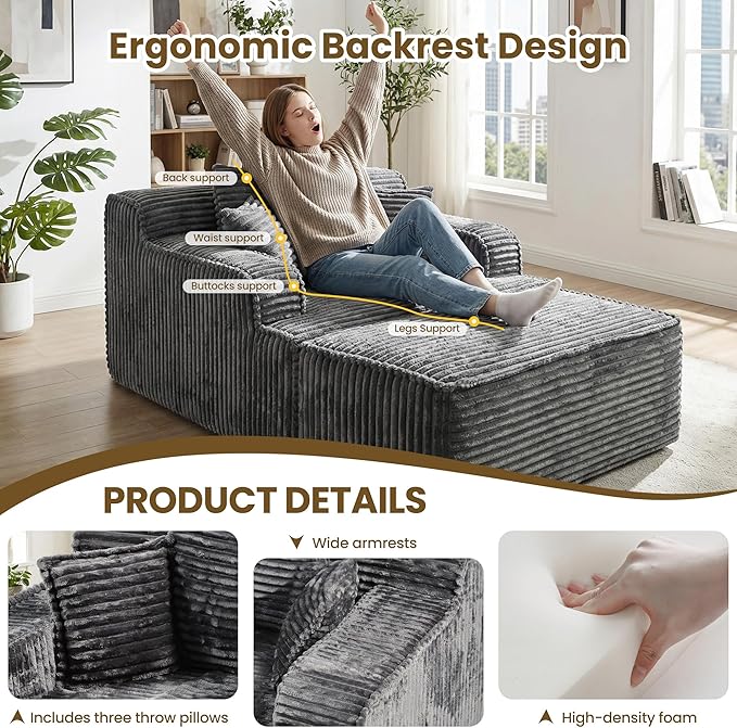 Chaise Lounge Chair Indoor,Boneless Chair with Ottoman,Comfy Reading Chair for Adults,Small Sofa Bed Couch for Living Room,Single Sleeper Chair Bed,Grey