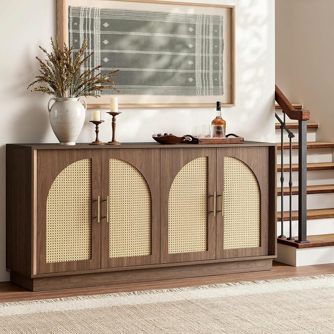 FORTUNETEC 63" Sideboard Buffet Cabinet with Storage, Modern Accent Cabinet with Rattan Arched Doors, Modular Media Console, Boho Credenza for Living Room Kitchen Dining Room Entryway, Walnut