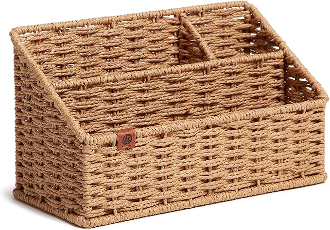U Brands Woven All-in-1 Desk Organizer, Rattan-Inspired Wicker Style Office Organization Supplies, 1 Count, Brown