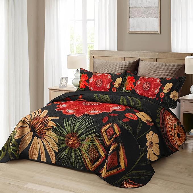 2 Piece Black Red Boho Floral Quilt Sets Twin Size Farmhouse Reversible Lightweight Bedspread Coverlet with 1 Sham Vintage Mid Century Microfiber Bedding Quilts Set for All Season, 68''x86''