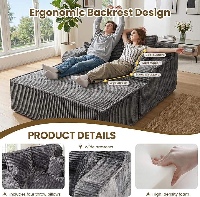 Chaise Lounge Chair Indoor,Boneless Chair with Ottoman,Comfy Reading Chair for Adults,Small Sofa Bed Couch for Living Room,Double Size,Grey