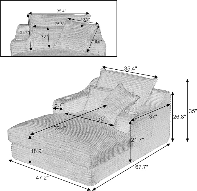 67" Boneless Chaise Lounge Chair Indoor, Oversized Chaise Lounge with Cup Holders, 3 Pillows, Side Pockets & Armrest, Corduroy Upholstered Plush Sleeper Sofa Chair Bed for Living Room, Apartment | Breathable material