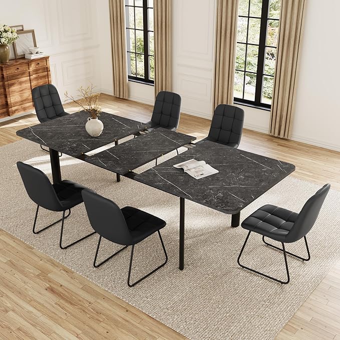 Extendable Dining Table Set for 6-8 People, 63 to 78.7 Inch MDF Kitchen Table with 6 Faux Leather Dining Chairs, Space-Saving for Dining Room, Breakfast Nook (Dark Grey Table & 6 Black Leather Chairs)