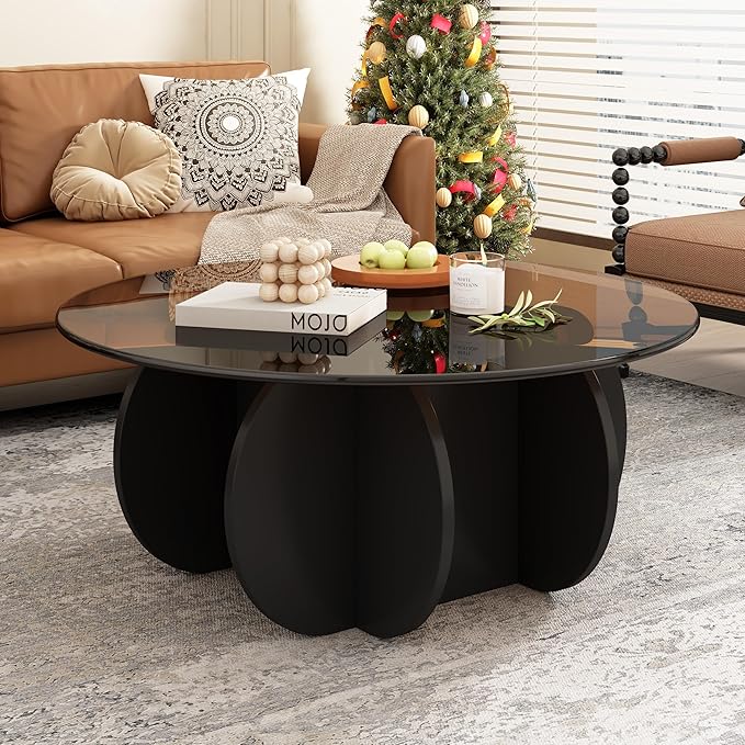 Round Coffee Table, Mid Century Modern Design, 31.5'' Modern Round Tempered Glass Coffee Tables for Living Room, Cocktail Table for Small Space Home Office. (Black + Brown)