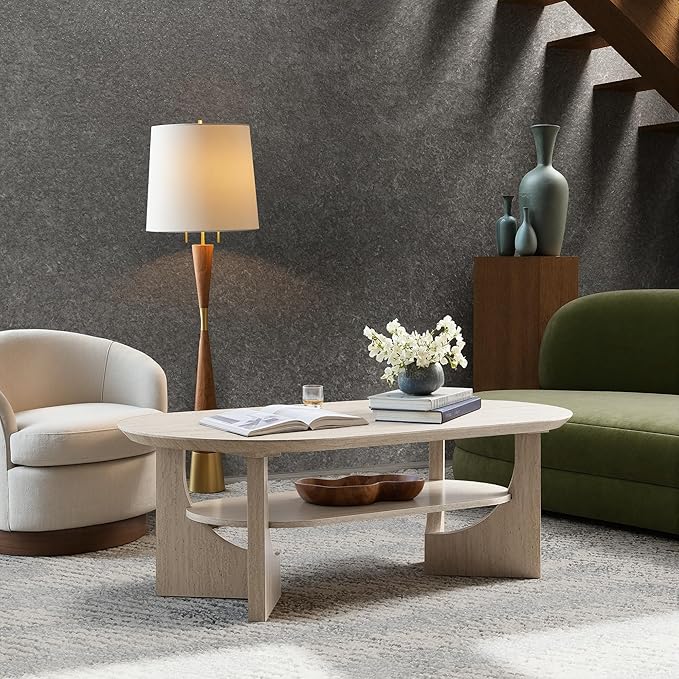 Modern Oval Coffee Table, 2 Tier Faux Stone Coffee Table with Storage Shelf & Sturdy Base, 47 Inch Minimalist Wood Center Tea Tables for Living Room, Apartment, Office, Stone Color