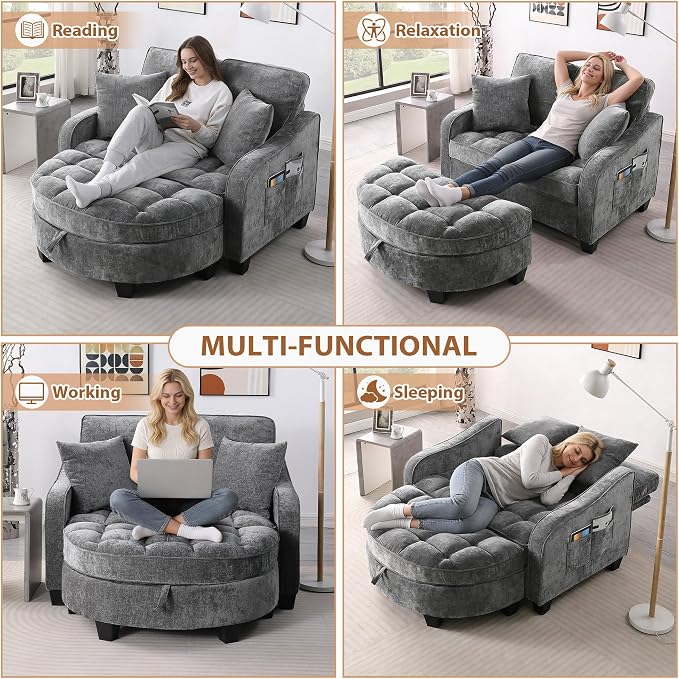 Oversized Curved Chaise Lounge Chair Indoor with Ottoman, 54.8" Cloud Boneless Reading Chair Soft Chenille Circle Couch w/Adjustable Backrest for Living Room, Apartroom, Bedroom, Grey