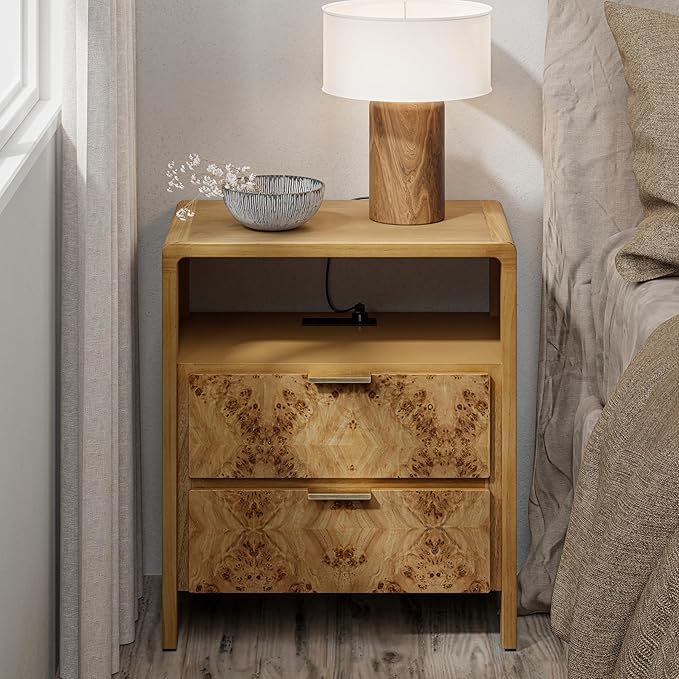 COZAYH Set of 2 Farmhouse 2 Drawer Nightstand with Charging Station, Side Table with Power Outlet, USB and Type-C Ports, Burl Wood Finish, Natural