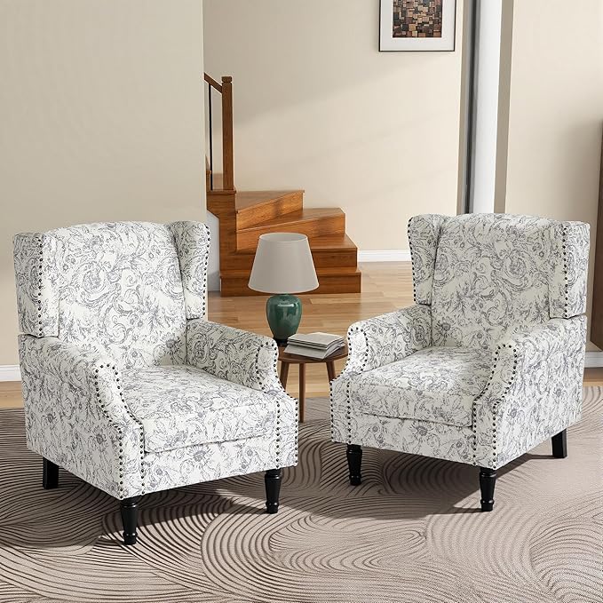 High Back Floral Accent Chairs Set of 2, Fabric Wingback Chair Upholstered Armchair for Living Room - Rococo Light Gray