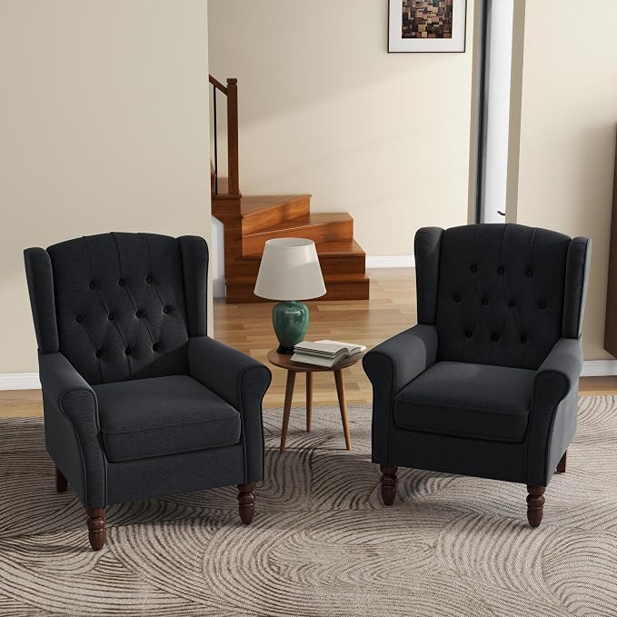 High Back Accent Chairs Set of 2, Upholstered Armchair in Fabric, Retro Wingback Arm Chair for Living Room, Comfy Single Sofa Bedroom Reading Seat with Solid Wood Legs - Black Blue