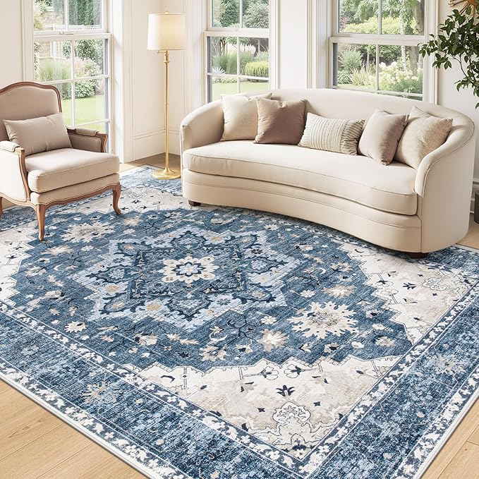 Area Rug 5x7 Vintage Rug: Washable Indoor Medallion Rugs Low Pile Distressed Floor Carpet Retro Accent Rug for Living Room Bedroom Kitchen Dining Table Home Office(Blue, 5'x7')