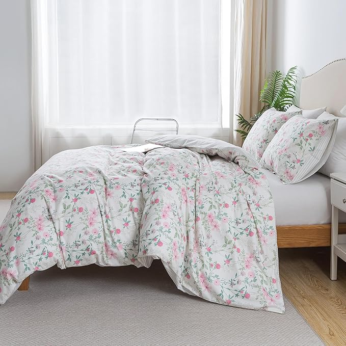 HoneiLife Cotton Duvet Cover King - Botanical Comforter Cover, 3-PC Bedlinen for Set with Zipper Closure & Corner Ties, Sweat-Absorption Comforter Cover Sets, Fuchsia‌