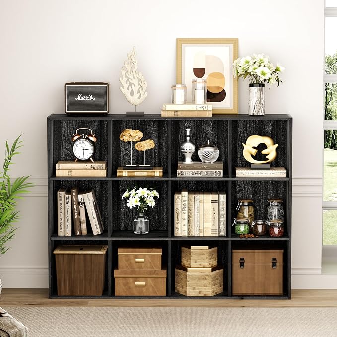 VDNEND Wooden Storage Organizer with Closed Back Panel, 11in Cube Shelf Opening, Bookshelf, Display Shelf,Closet Cabinet for Home and Office (Black, 12-Cube 35.98L*9.45W*47.72H)