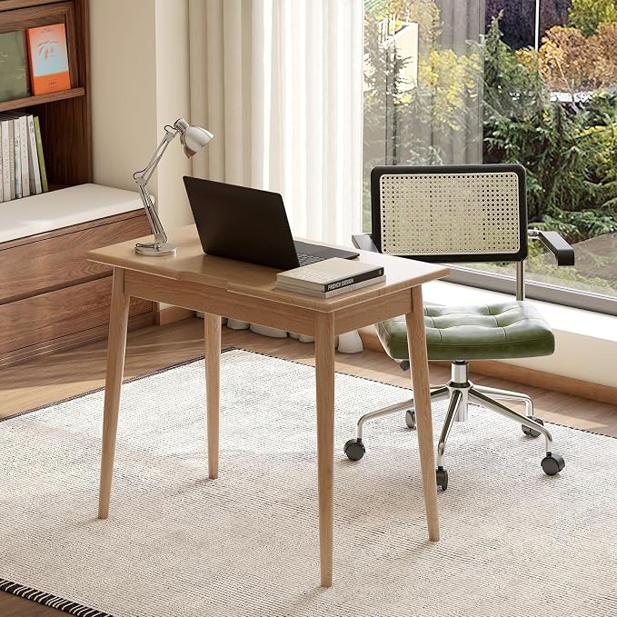 100% Solid Oak Wooden Desk Home Office Desk Mid Century Modern Writing Computer Desk with Drawer for Home Office 35"