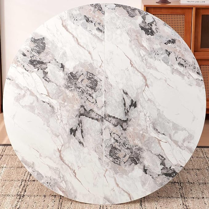 Dining Table Set for 4, Mid Century Modern 47 Inch White Marble-Look Wooden Round Dining Table Set, Space Saving (Table + 4 Green Chairs)