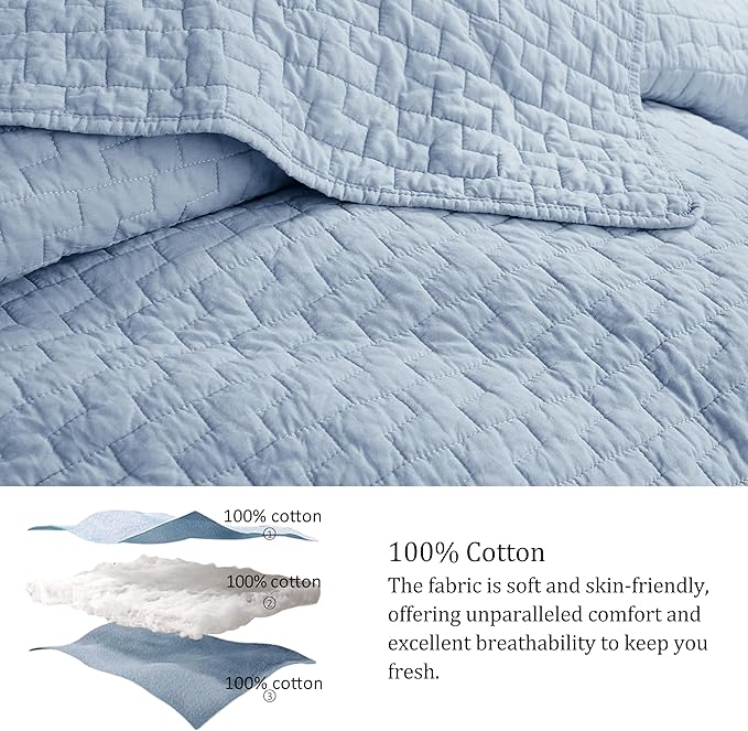 palassio Baby Blue 100% Cotton Quilt King Size Bedding Sets with 2 Pillow Shams, Textured Lightweight Soft Bedspread Shabby Chic Coverlet, Neutral Quilted Comforter Bed Cover for All Season, 3 Pieces