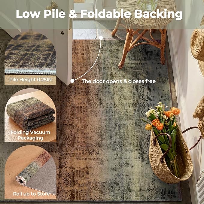 Kokia Abstract Area Rugs 9x12 Bedroom Washable Decor Low Pile Non-Slip Non-Shedding Indoor Carpet Foldable Stain Resistant Floor Mat Living Room Dining Room, Warm Brown and Dark Sage Green