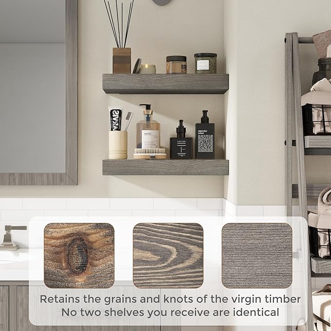 Marsmiles Wood Floating Shelves for Wall - 24 Inch Grey Wood Floating Shelves Set of 2-24 Inch Wide x 7.7 Inch Deep x 1.6 Inch Thick Rustic Wooden Shelves for Room Wall