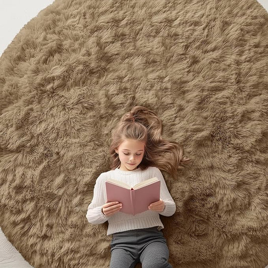 OLANLY Taupe Round Rugs for Bedroom - Machine Washable, 7 ft Circle Area Rugs for Living Room, Soft and Fluffy Shaggy Carpet for Teen Girl and Boys, Nursery Rooms, Dorms, Home Decor Aesthetic