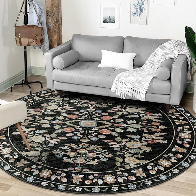 MUJOO Round Rugs 6ft,Black Circle Area Rug Washable,Circular Rugs for Living Room Bedroom,Large Boho Non Slip Throw Carpet Vintage Floral