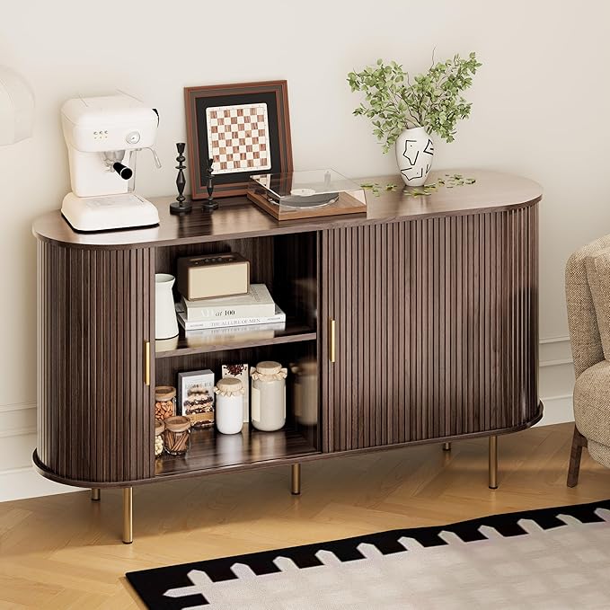 DHH Sideboard Buffet Cabinet with Storage,Mid Century Modern Fluted Accent Coffee Bar Console Table,Tambour Sliding Doors& Adjustable Shelf for Kitchen, Living Room, Entryway(Dark Walnut,55 Inch)