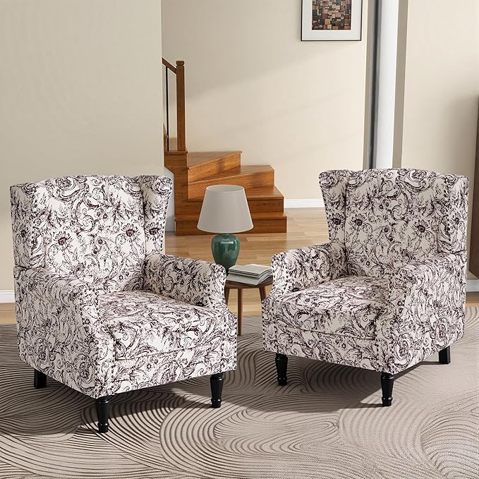 High Back Floral Accent Chairs Set of 2, Fabric Wingback Chair Upholstered Armchair for Living Room - Rococo Plum