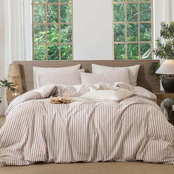 MooMee Striped Duvet Cover Set 100% Washed Cotton Linen Like Textured Breathable Durable Soft Comfy (Orange Classic Stripes, Palatial King/Oversized King 120"x98")