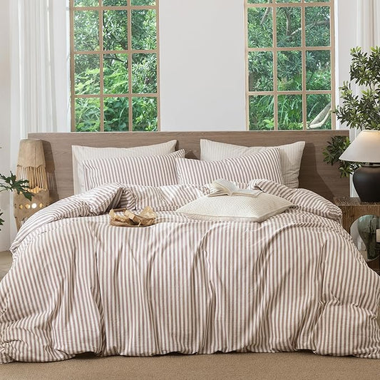 MooMee Striped Duvet Cover Set 100% Washed Cotton Linen Like Textured Breathable Durable Soft Comfy (Orange Classic Stripes, Super King 108"x98")