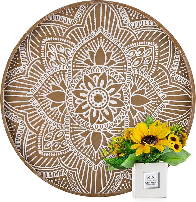 Hanobe Large Round Decorative Tray: Boho Coffee Table Trays Centerpiece for Home Decor - Rusti Brown Farmhouse Serving for Women Kitchen Counter Ottoman