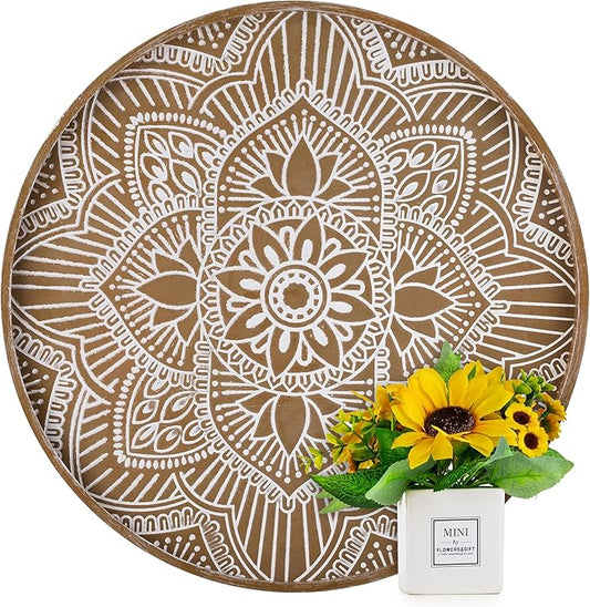 Hanobe Large Round Decorative Tray: Boho Coffee Table Trays Centerpiece for Home Decor - Rusti Brown Farmhouse Serving for Women Kitchen Counter Ottoman