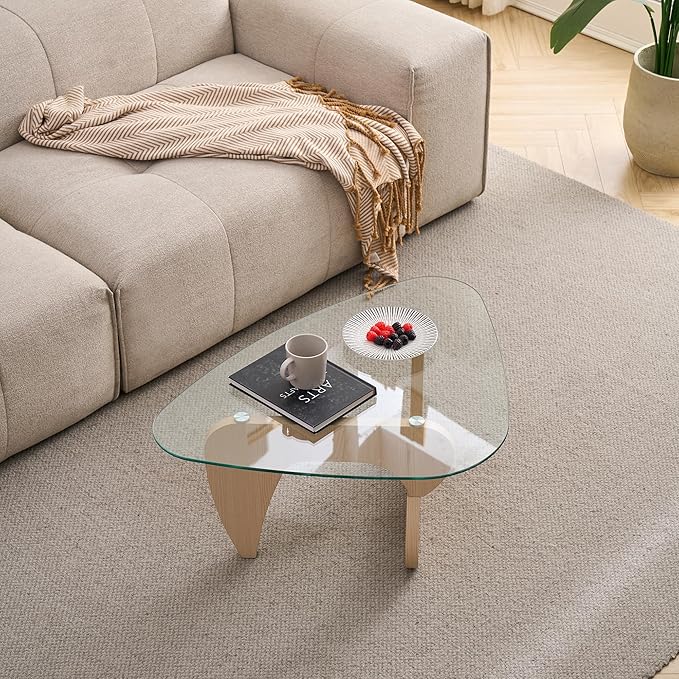 43.3'' Modern Glass Coffee Table with Geometry Base,Triangle Shape Coffee Table for Living Room Office, Natural Oak Finish Wood Base, Mid-Century Style Cocktail Center Table for Small Space