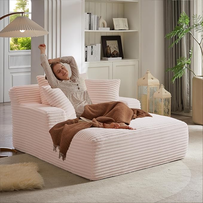 50 Inch Oversized Chaise Lounge Chair, Corduroy Upholstered Sleeper Sofa Bed with Spring Cushion, No Assembly Lazy Boneless Chaise Lounge for Bedroom Office, Pink
