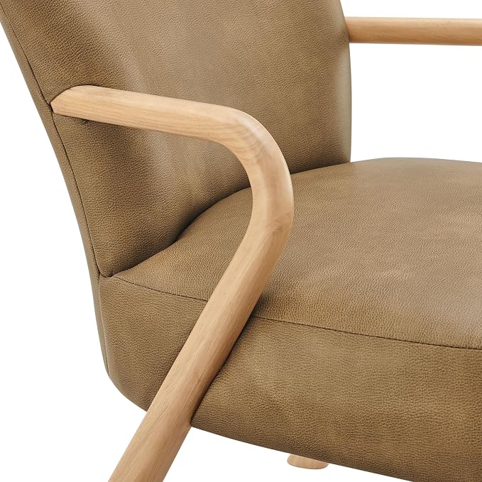 Modway Arden Faux Leather Upholstered Accent Armchair in Toast – Mid-Century Modern Lounge Chair with Curved Wood Frame