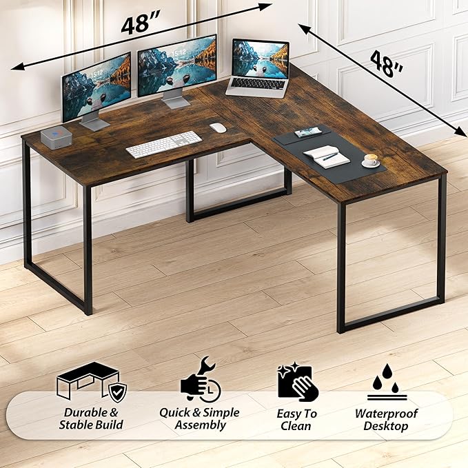 SHW Mission 48 x 48 Inches L-Shape Home Office Computer Desk, Rustic Brown
