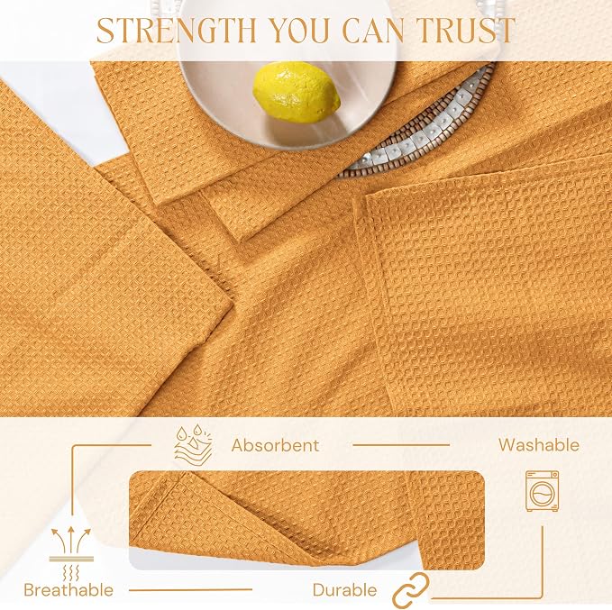 Mustard Yellow Waffle Kitchen Dish Towels 100% Cotton, Soft, Absorbent, Quick Drying, Multipurpose Use, Bar & Hand Towels, 16x26 Inches, Durable, Machine Washable, Reusable, Set of 4