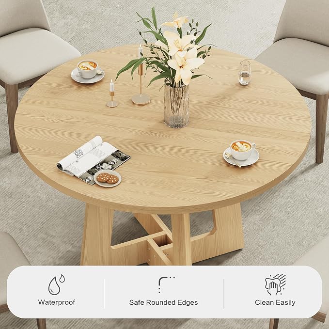 Round Dining Table for 4, Farmhouse Kitchen Table, Wooden Circle Table, 300lb Capacity & Easy Assembly for Home Dining Room Kitchen Living Room (Natural Oak)