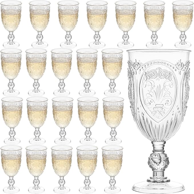 Plastic Wine Glasses 24Pcs Plastic Goblets 7.5oz Colored Retro Embossed Glassware Vintage Stemmed Drinking Cup Reusable Water Goblets for Wedding Reception Grand Event Party Bar,Whiskey (Clear)