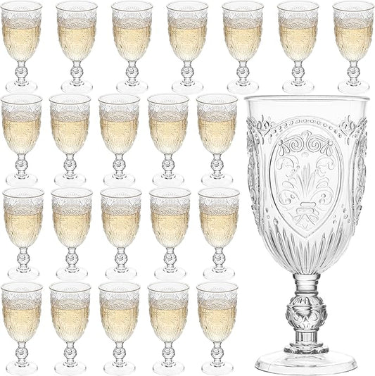 Plastic Wine Glasses 24Pcs Plastic Goblets 7.5oz Colored Retro Embossed Glassware Vintage Stemmed Drinking Cup Reusable Water Goblets for Wedding Reception Grand Event Party Bar,Whiskey (Clear)