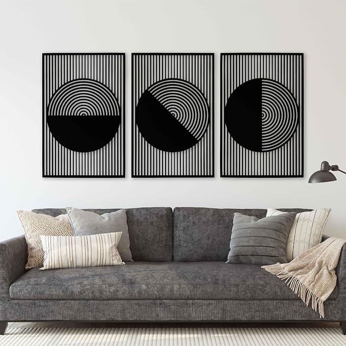 Living Room Wall Art featuring Boho Wood Wall Decor, Mid Century Modern Geometric Circle Wooden Wall Art, Set of 3 Decorative Wall Panels Gift for Bedroom