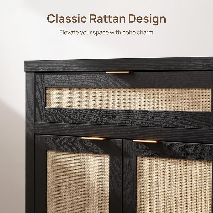 SICOTAS Sideboard Buffet Storage Cabinet Set of 2, Rattan Credenza Buffet Table, Modern Console Accent Cabinet with Doors and Drawer, Coffee Bar Cabinets for Kitchen Entryway Living Room, Black
