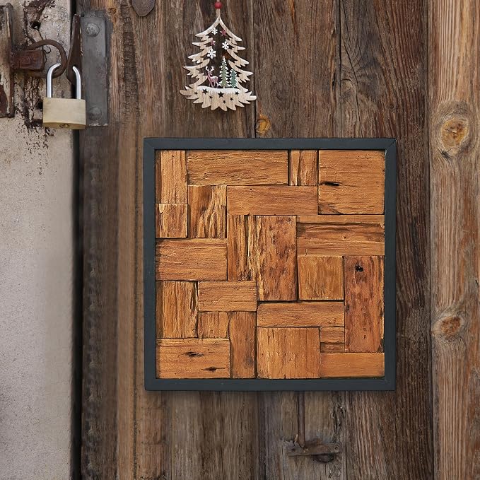 Warmaxx Rustic Teak Wood Framed Wall Decor 17''x17 Farmhouse Wall Art Aesthetic Christmas Decoration Home Living Room Bedroom Office Handmade Square Wooden Geometric Block Slatted Collage