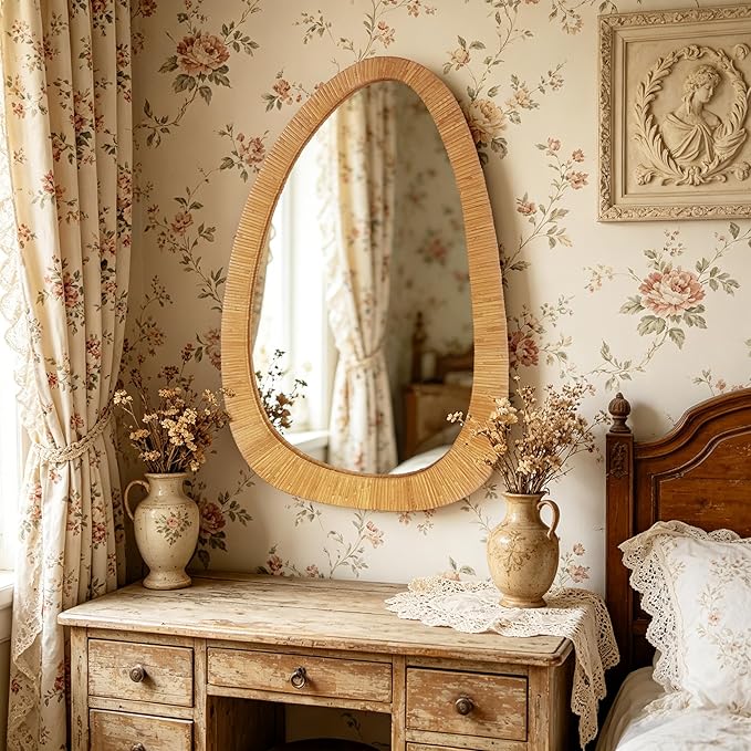 BAODANFU Irregular Rattan Wall Mirrors Decorative, 20"x30" Asymmetrical Decorative Mirror with Boho Handwoven Natural Rattan Frame, Vanity Mirrors for Bathroom, Bedroom, Entryway, Dning Room Decor