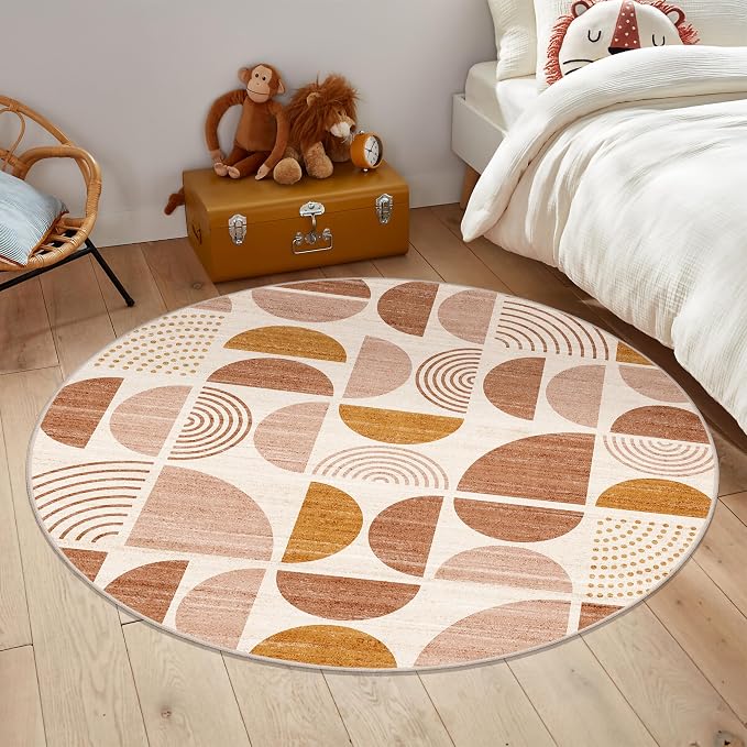 MUJOO Round Rugs 5ft,Circle Area Rug Washable,Circular Rugs for Living Room Dining Room,Boho Non Slip Throw Floor Carpet Modern Abstract Bohemian Orange