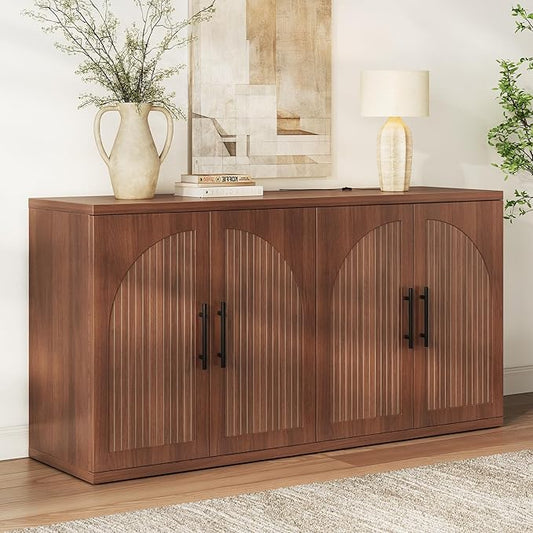 63" Fluted Buffet Cabinet with Storage, Mid-Century Symmetrical Arched Sideboard Credenza with Adjustable Shelf, Large Wood Console Table for Dining Room, Kitchen, and Living Room (Walnut)