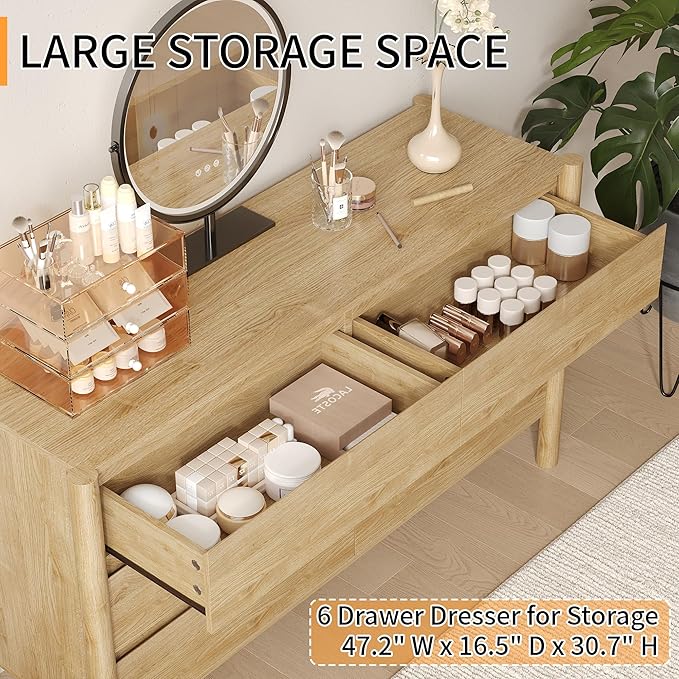 Dresser for Bedroom,6-Drawers,47" Wide Farmhouse Large Dressers & Chest,4 Solid Wood Legs,TV Stand, Storage Organizer Furniture for Bedroom(Oak)