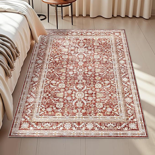OPPODREAM Vintage Red Area Rugs 3x5, 3 x 5 Retro Washable Rug Non Slip, Low-Pile Faux Wool Carpet, Distressed Floor Mat for Living Room, Bedroom, Kitchen, Office, Dorm, Dinning Room