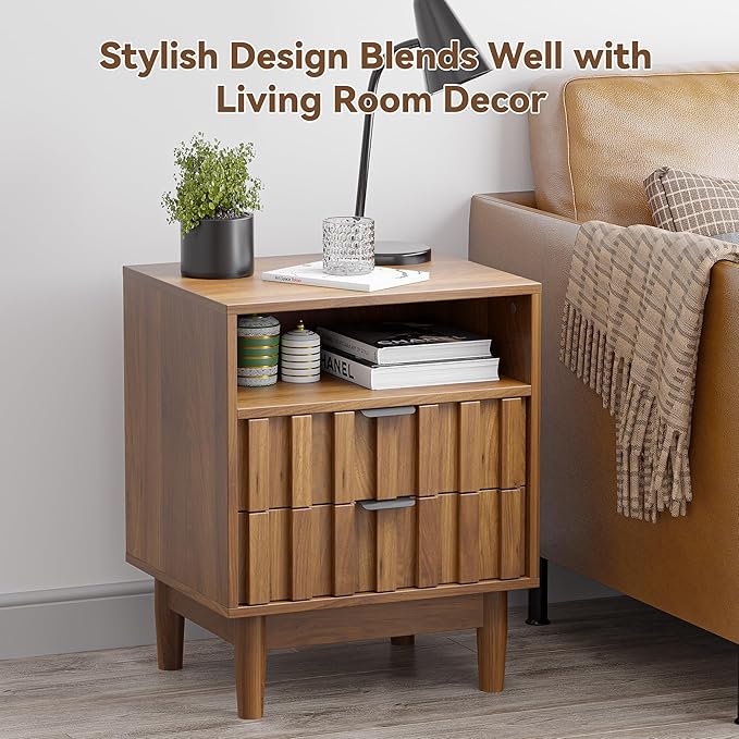 Fluted Nightstand Set of 2 with 2 Drawers, 19" Wide Night Stand with Solid Wood Legs, Open Storage Shelf, Mid Century Modern Wooden Bedside Table for Bedroom, Bed End Side Table, Walnut