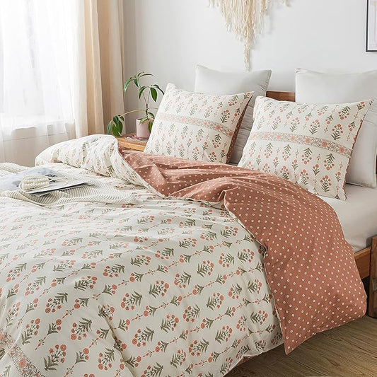 HoneiLife Floral Duvet Cover Twin - 100% Cotton Comforter Cover Wildflower Duvet Cover Sets, Botanical Duvet Cover with Zipper Closure & Corner Ties, 2-PCS Orange Comforter Cover Sets