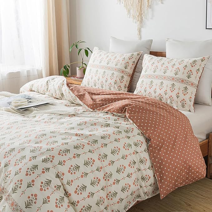 HoneiLife Queen Duvet Cover Set - Breathable 100% Cotton Floral 3pcs Wildflower Comforter Cover, with Zipper Closure and Corner Ties, Sweet Grass